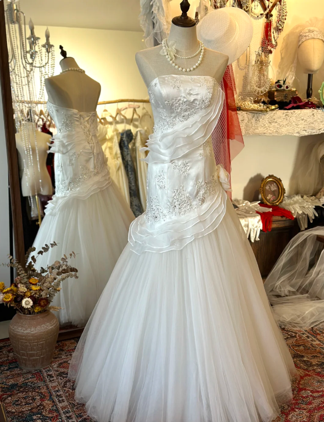 Simple and Elegant Beaded Strapless Satin Tulle Wedding Dress P2914 PreppyDress Simple and Elegant Beaded Strapless Satin Tulle Wedding Dress P2914 PreppyDress