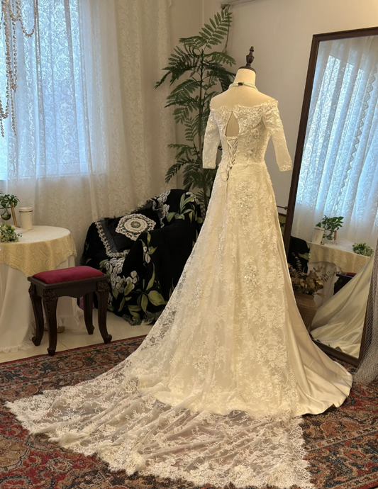 Retro Elegant One Shoulder Mid-Length Sleeve Lace Satin Wedding Dress with Train P2923