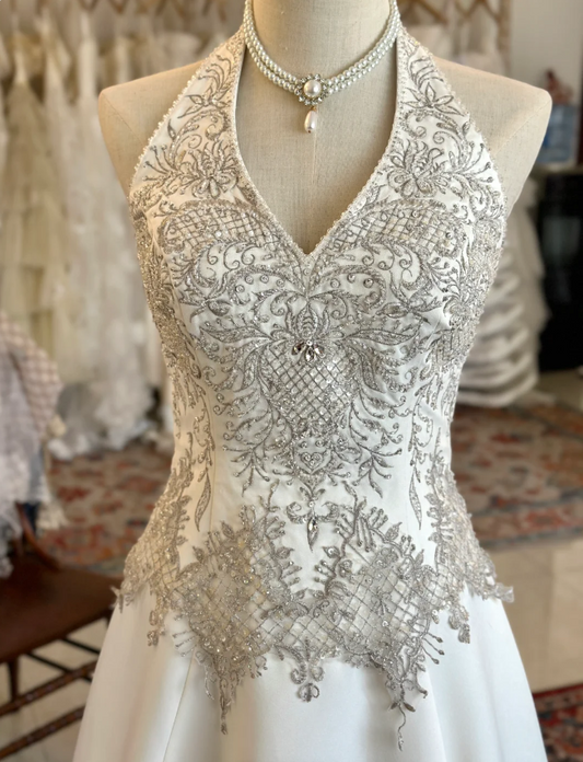 Vintage Halter Neck Silver Thread Beaded Satin Train Wedding Dress P2926