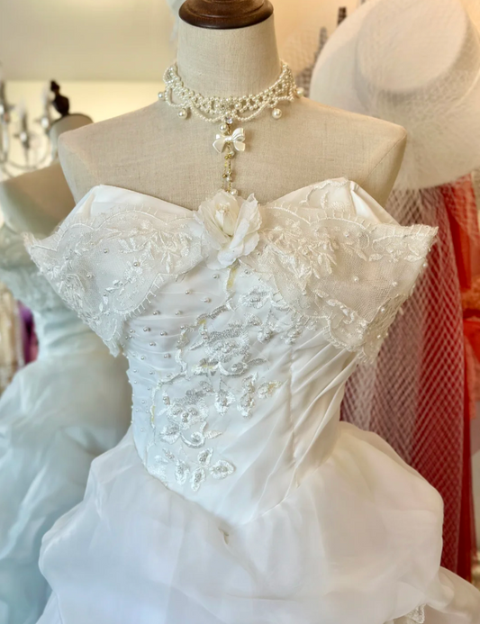 Romantic and gentle one-shoulder 3D flower tulle floor-length wedding dress P2940