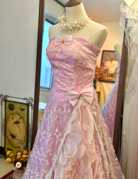 Vintage Purple Strapless Floral Ruffles Floor-Length Wedding Dress P2941