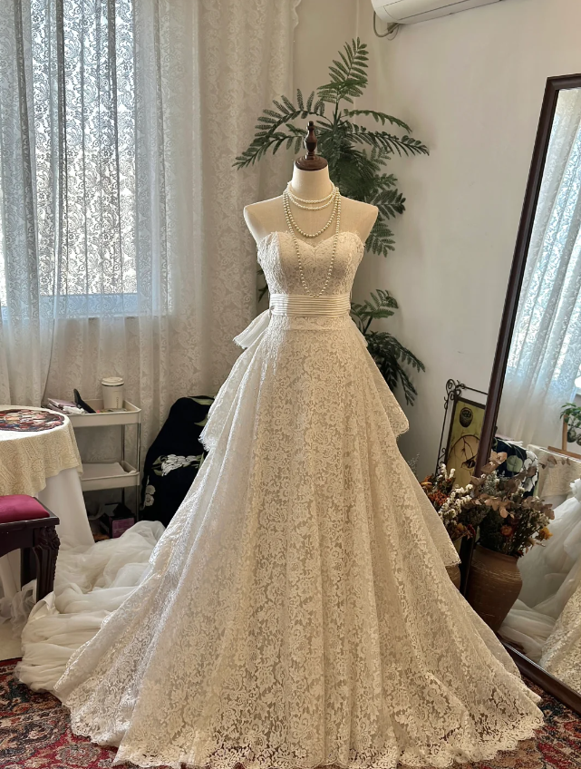 A-line sweetheart neckline lace and tulle wedding dress with train P29 PreppyDress A-line sweetheart neckline lace and tulle wedding dress with train P29 PreppyDress