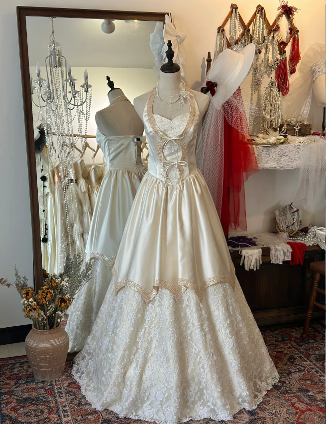 Special pink halter neck vintage satin and lace floor-length wedding d PreppyDress Special pink halter neck vintage satin and lace floor-length wedding d PreppyDress
