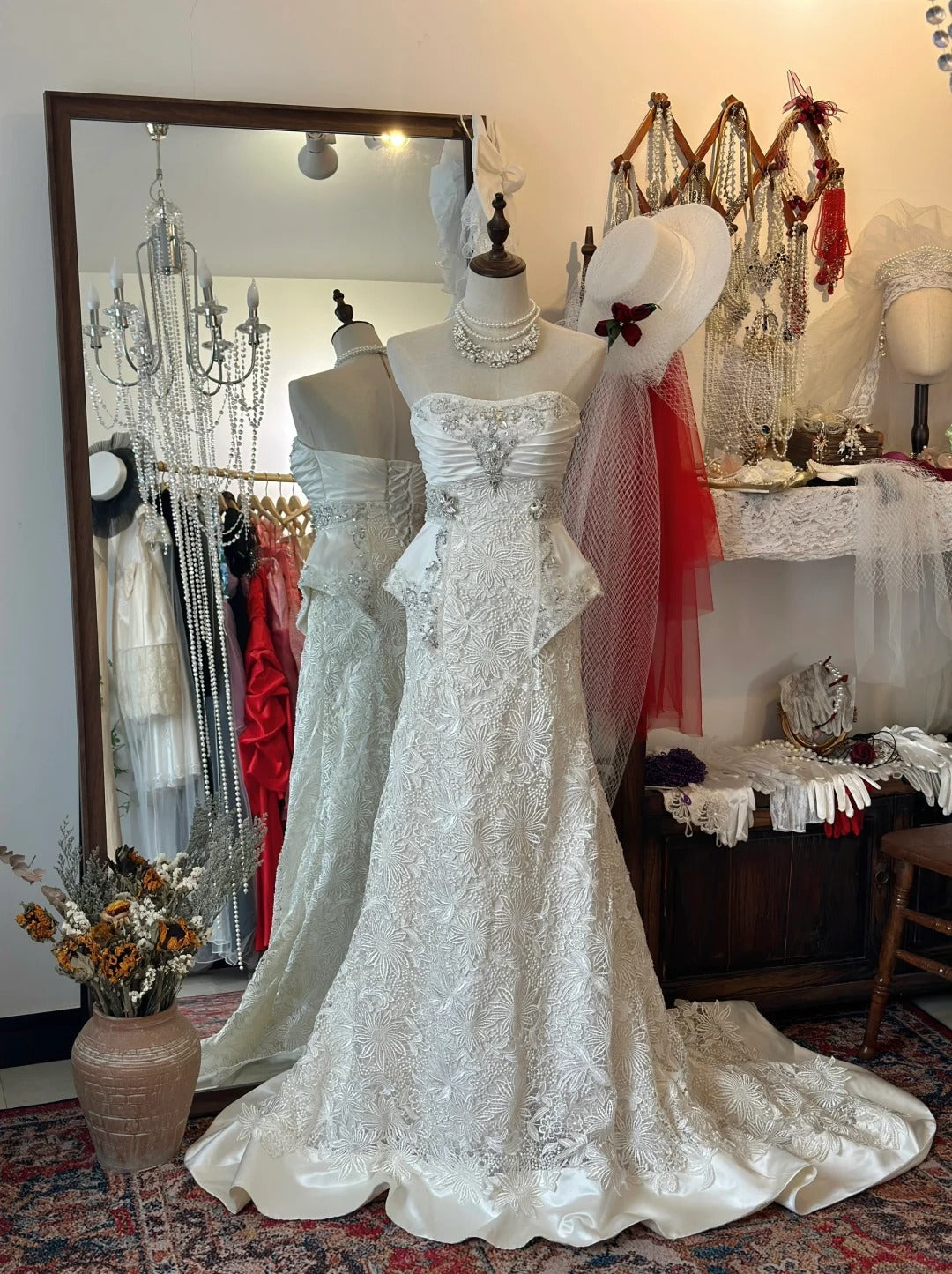 Vintage Heavy Beaded Large Lace Tube Top Wedding Dress with Train P295 PreppyDress Vintage Heavy Beaded Large Lace Tube Top Wedding Dress with Train P295 PreppyDress
