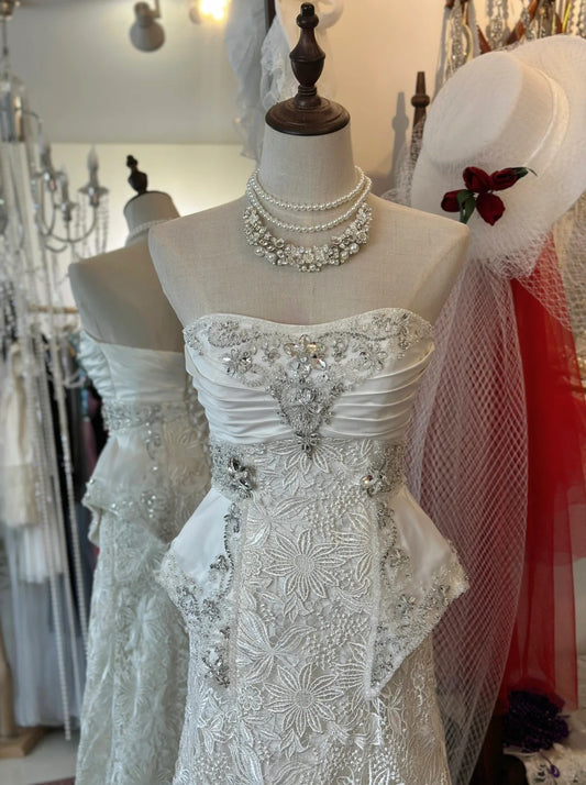 Vintage Heavy Beaded Large Lace Tube Top Wedding Dress with Train P2952