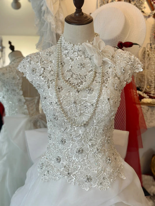 Retro Elegant Heavy Beaded Lace Tulle Splicing Shoulder-Wrap Trailing Wedding Dress P2955