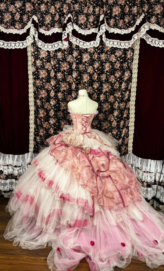 Fairy Pink Tube Top 3D Flower Puff Princess Wedding Dress P2965