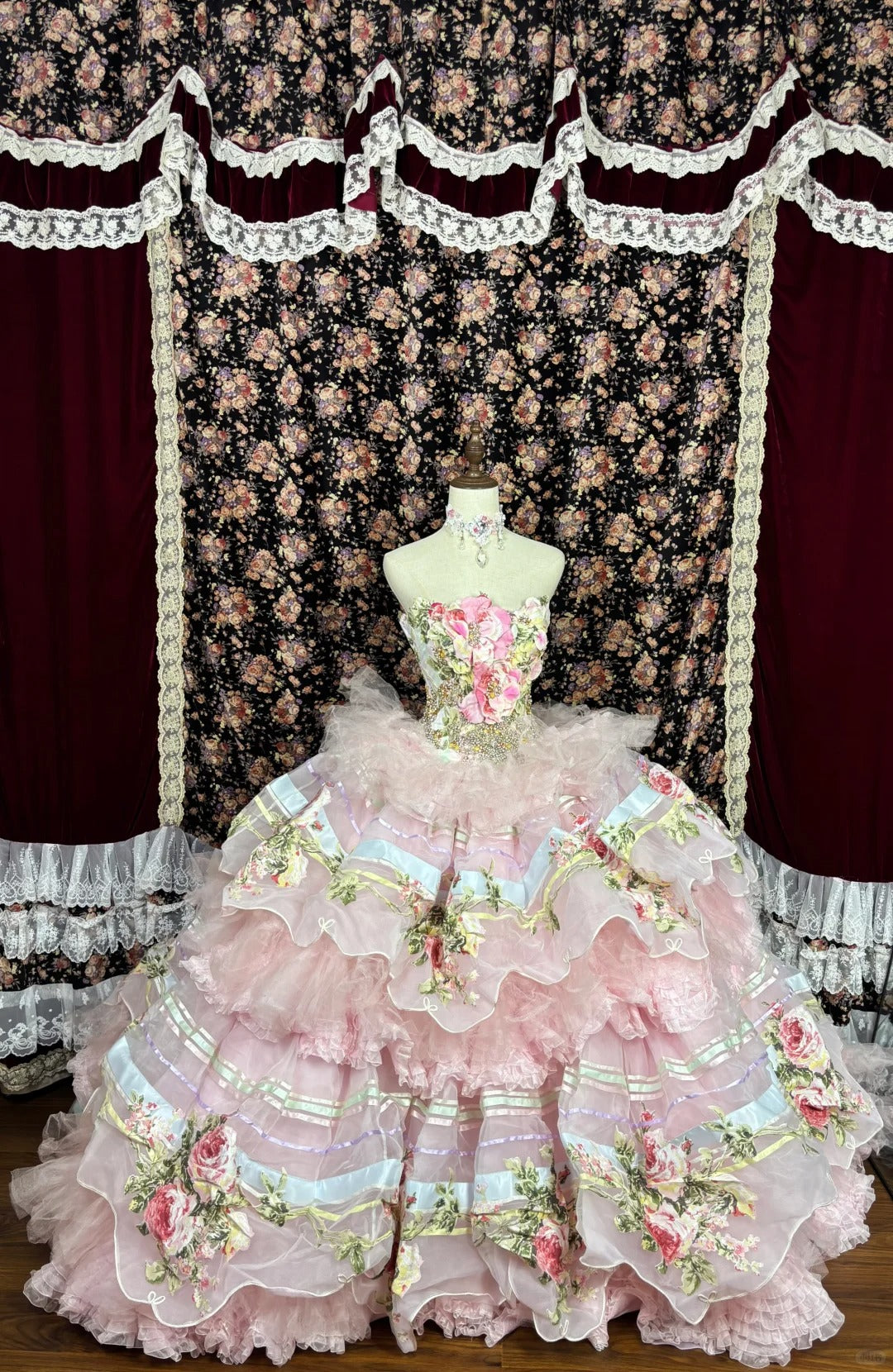 Vintage Pink Strapless Printed Layered Tulle Lace Trim Puffy Wedding D PreppyDress Vintage Pink Strapless Printed Layered Tulle Lace Trim Puffy Wedding D PreppyDress