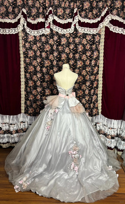 Dusty Pink Princess Bow 3D Flower Satin Wedding Dress P2977