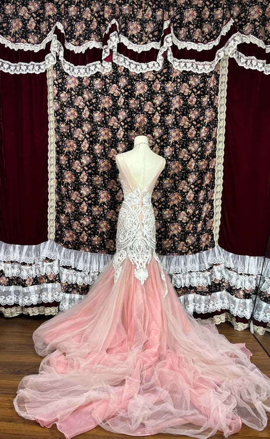 Vintage Mermaid Heavy Embroidery Beaded Pink Tulle Wedding Dress with Train P2989