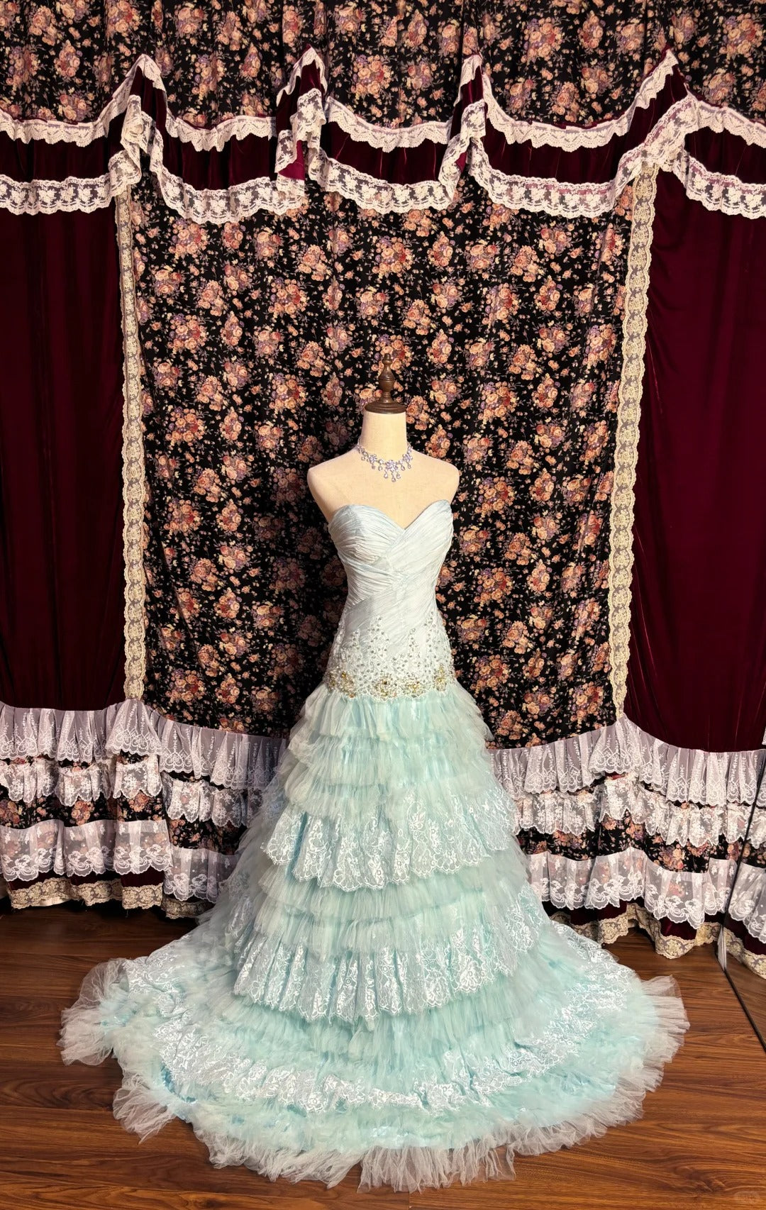 Elegant and gentle mint green heart-shaped collar beaded cake multi-la PreppyDress Elegant and gentle mint green heart-shaped collar beaded cake multi-la PreppyDress