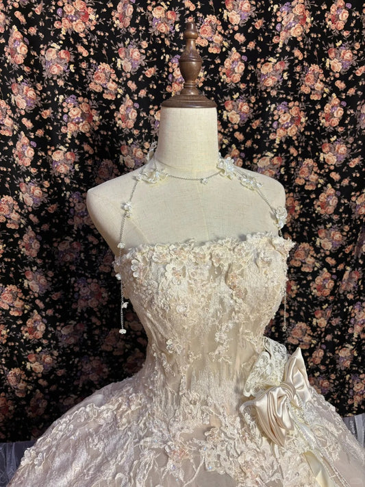 Sweet Pink Embroidered Lace 3D Flower Herringbone Princess Wedding Dress P3008