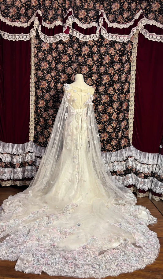 Fairy Heavy Industry 3D Flower Tulle Long Train Mermaid Wedding Dress P3010