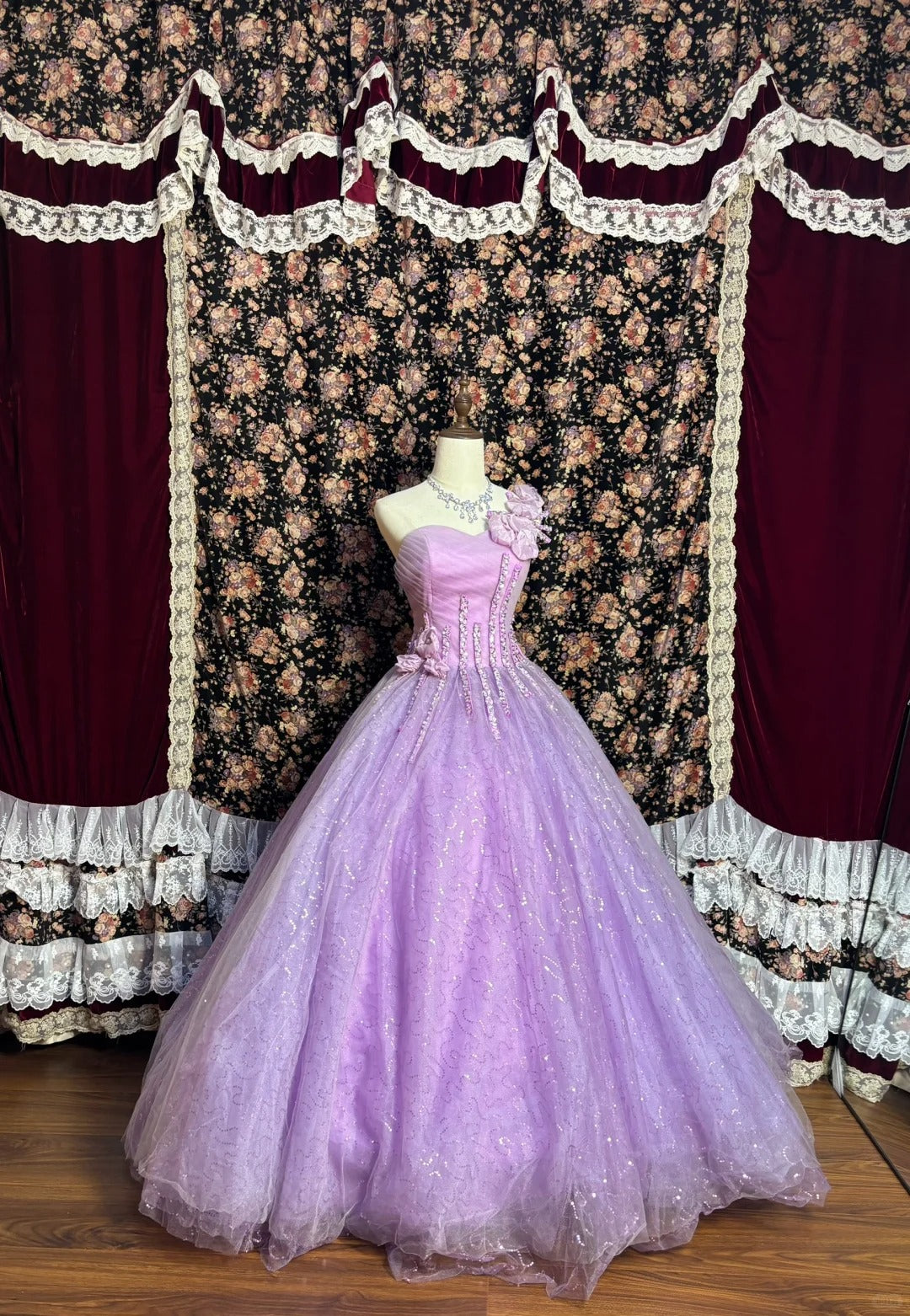 striped pink and purple dress One-shoulder purple diamond striped three-dimensional flower back stra – PreppyDress