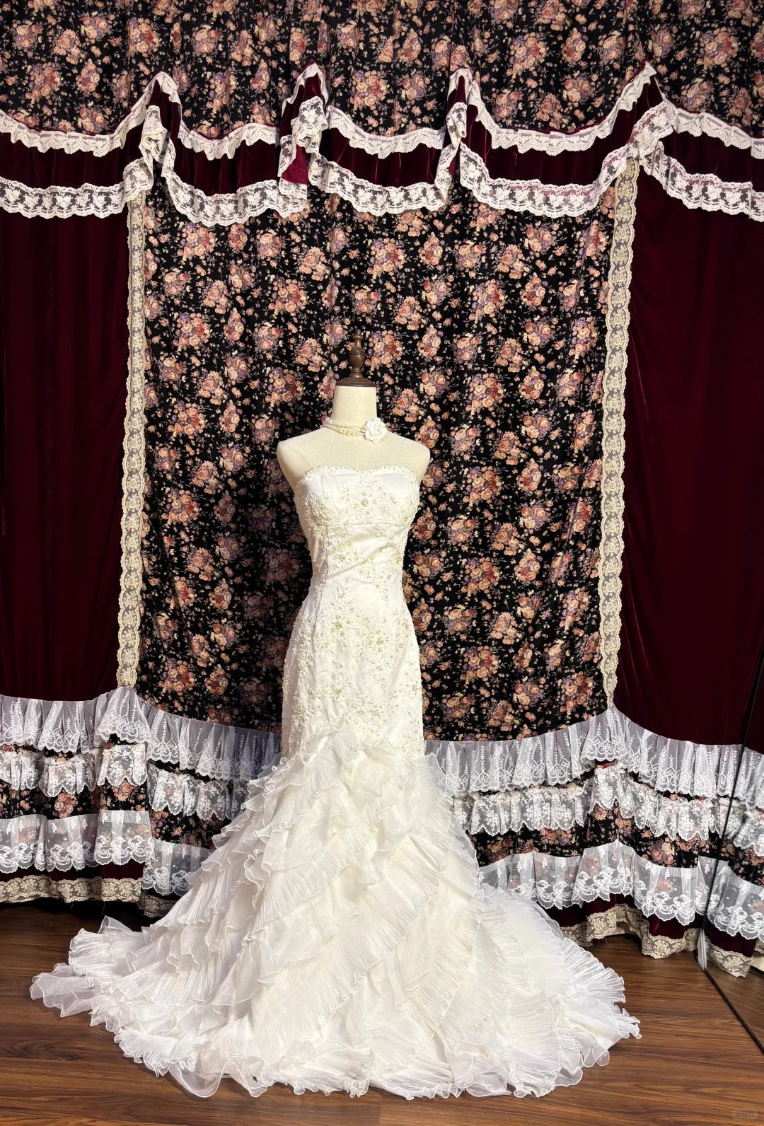 Elegant White Beaded Biased Ruffled Hem Mermaid Train Wedding Dress P3 Elegant White Beaded Biased Ruffled Hem Mermaid Train Wedding Dress P3