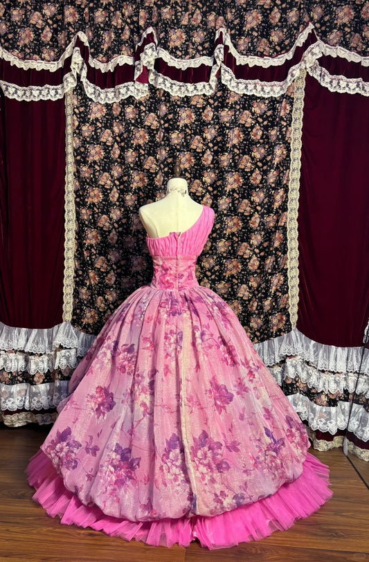 Retro Pink One Shoulder Flower Bud Cake Print Floor-Length Wedding Dress P3023