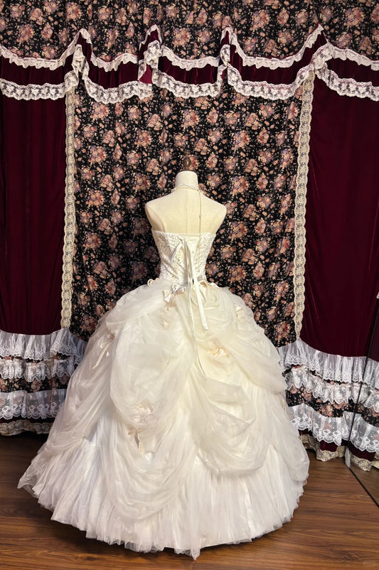 White heart-shaped collar bow beaded cake skirt wedding dress P3029