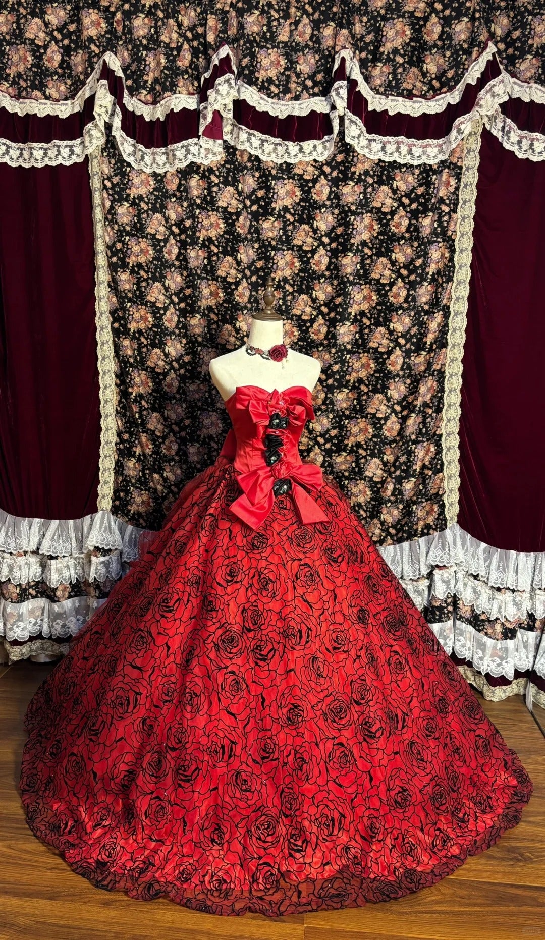 Gorgeous red tube top black pattern 3D flower wedding dress P3041 PreppyDress Gorgeous red tube top black pattern 3D flower wedding dress P3041 PreppyDress