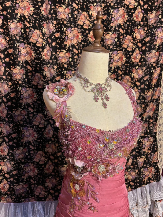 Vintage Pink Chiffon Strap 3D Flower Beaded Chiffon Satin Mermaid Wedding Dress P3042