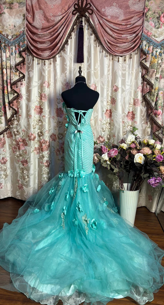 Vintage Heart-Shaped Neck Mint Green 3D Flower Mermaid Trailing Wedding Dress P3048