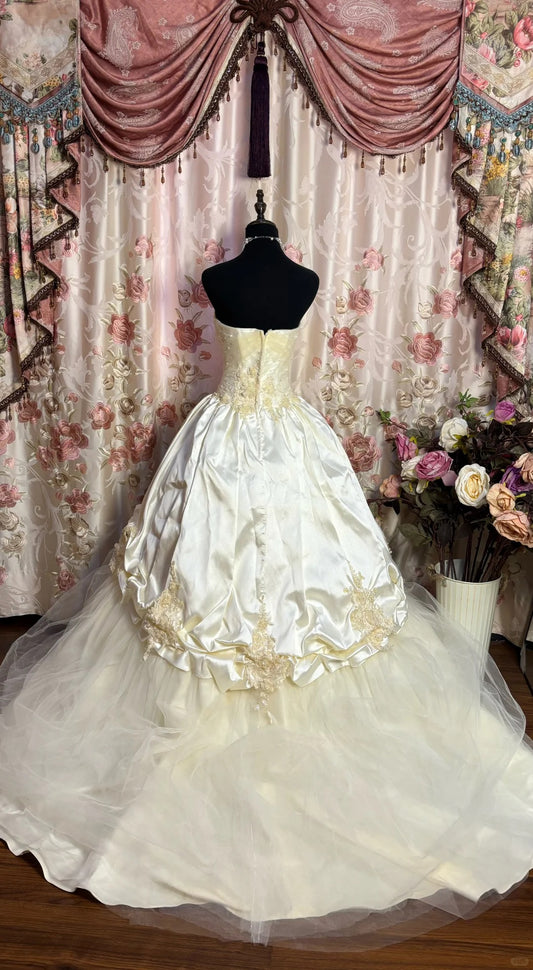 Elegant Magnolia Beaded White Satin Tulle Wedding Dress with Train P3051