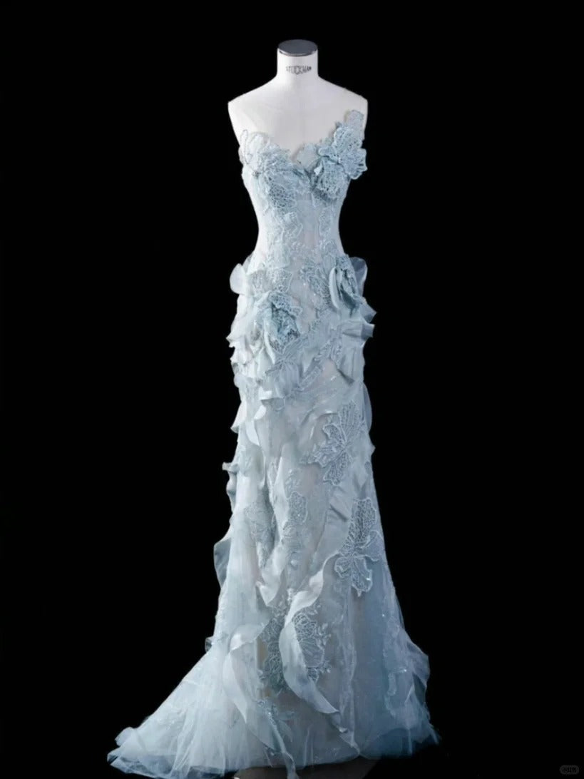 Elegant and dreamy light blue tube top lace flower mermaid wedding dre PreppyDress Elegant and dreamy light blue tube top lace flower mermaid wedding dre PreppyDress