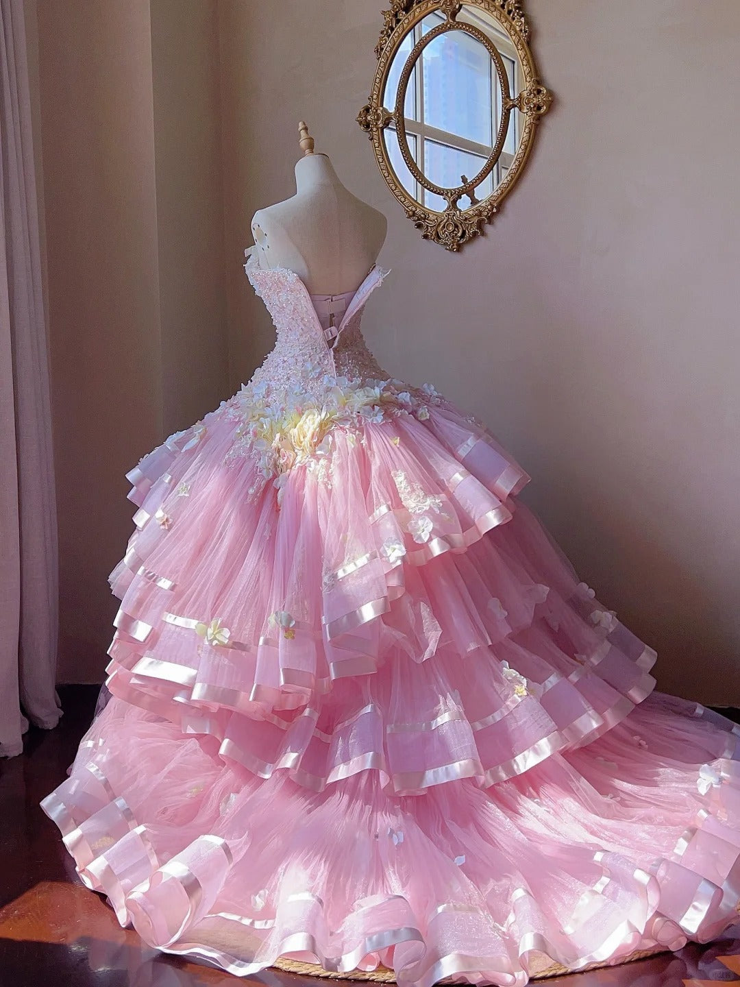 Dreamy Princess Pink Tube Top 3D Flower Beaded Lace Tulle