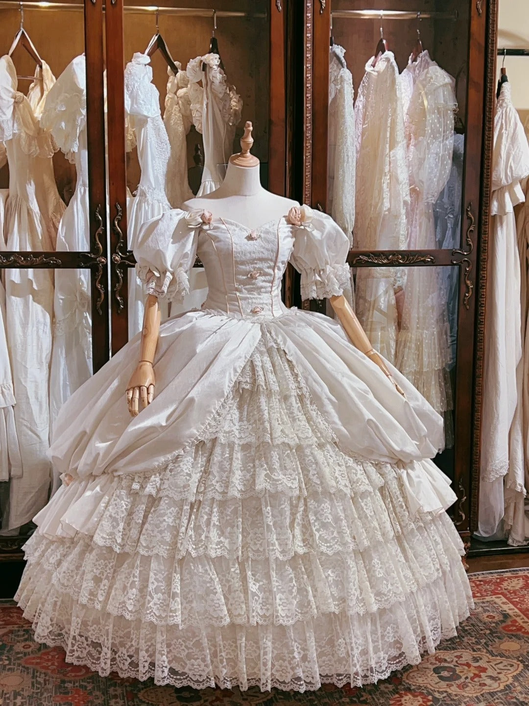 Retro Princess Off-shoulder Puff Sleeve Lace Cake Skirt Floor-length W PreppyDress Retro Princess Off-shoulder Puff Sleeve Lace Cake Skirt Floor-length W PreppyDress