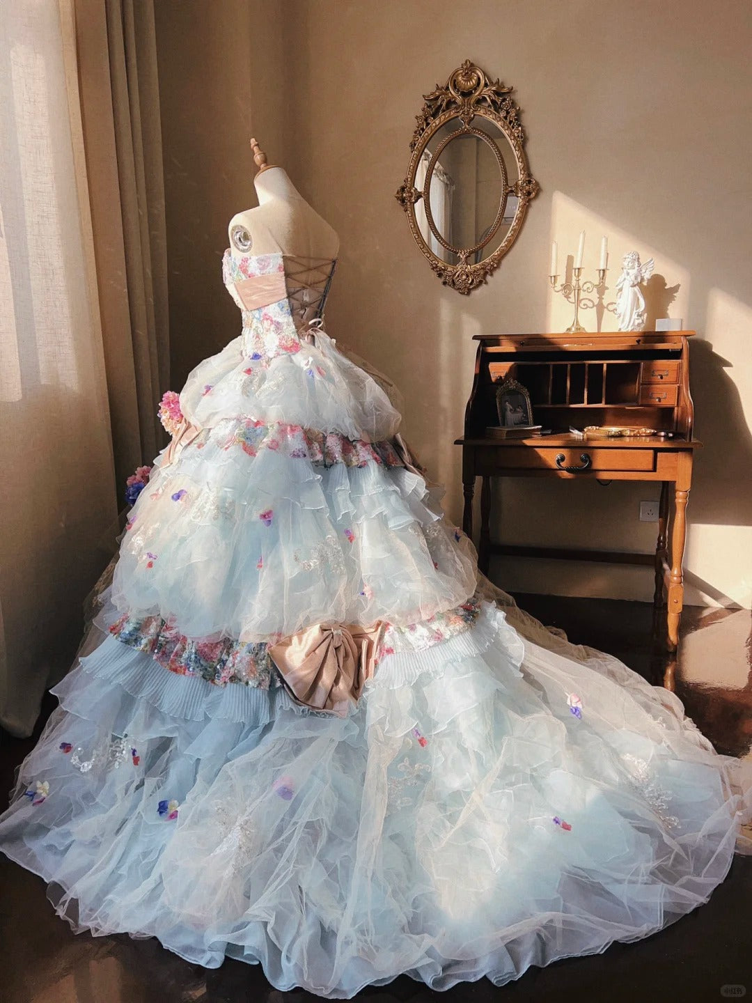 Dreamy light blue tube top 3D flower handmade beaded sequined trailing wedding dress P3067