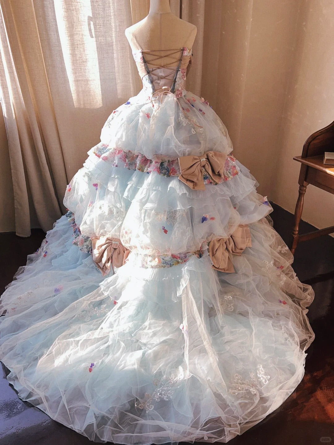 Dreamy light blue tube top 3D flower handmade beaded sequined trailing wedding dress P3067