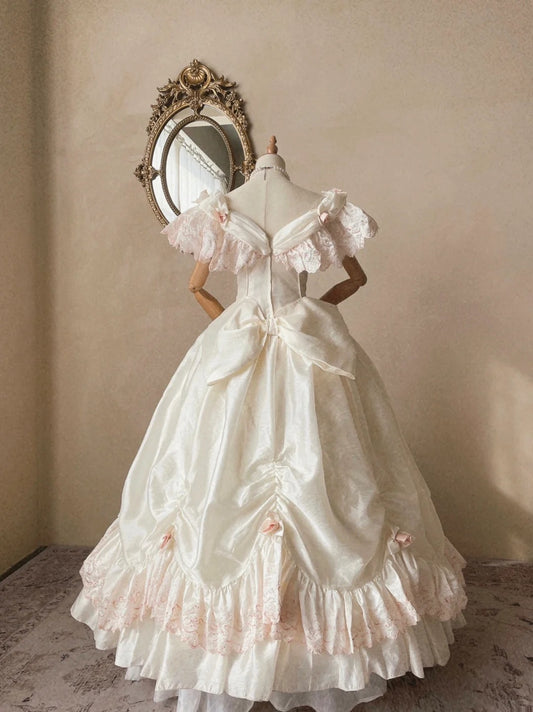 Vintage Elegant White Satin Pink Lace Princess Skirt Wedding Dress P3070