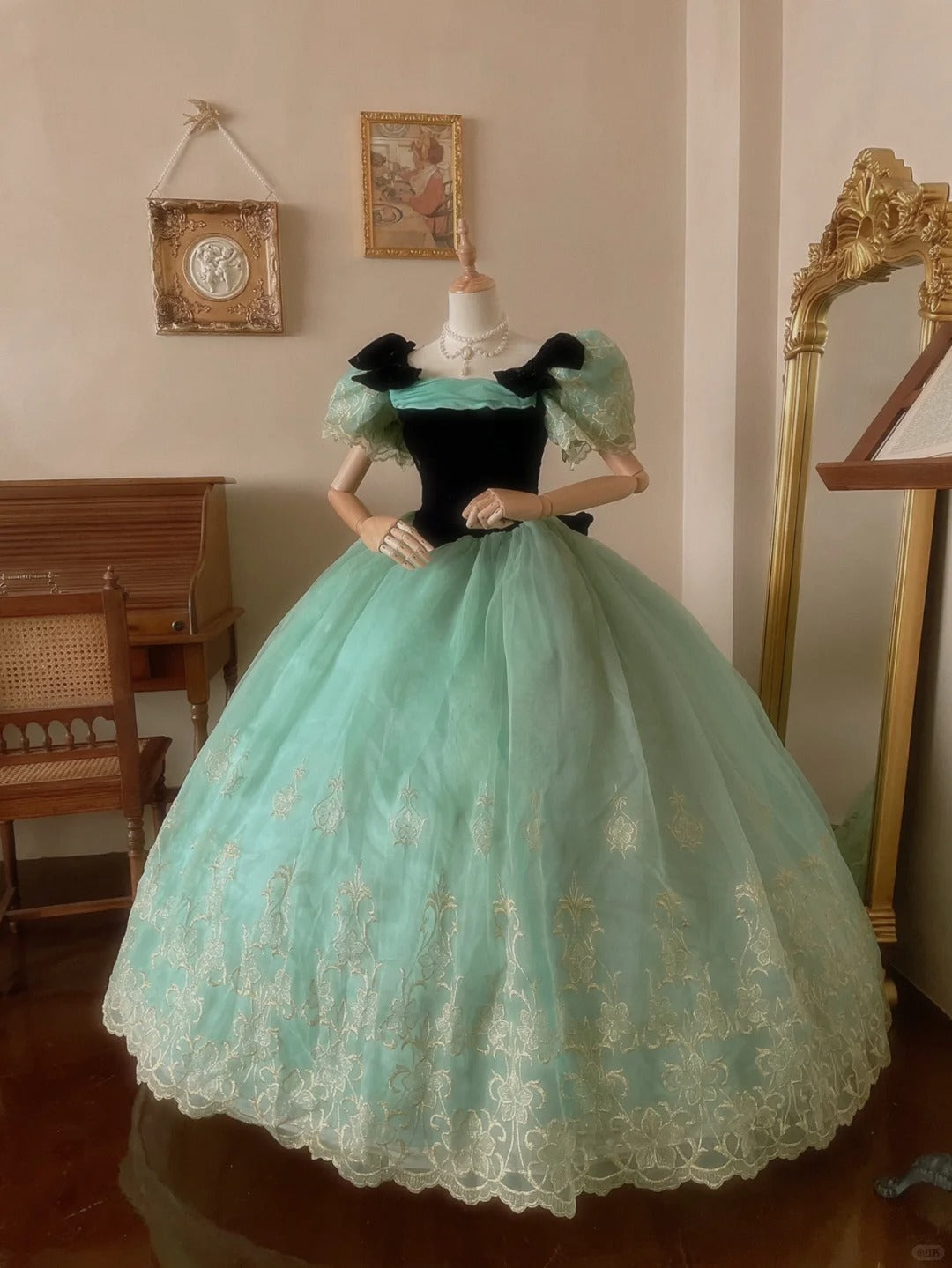 aqua one shoulder velvet dress Fresh aqua velvet with one-shoulder tulle braided lace puffy skirt wed PreppyDress