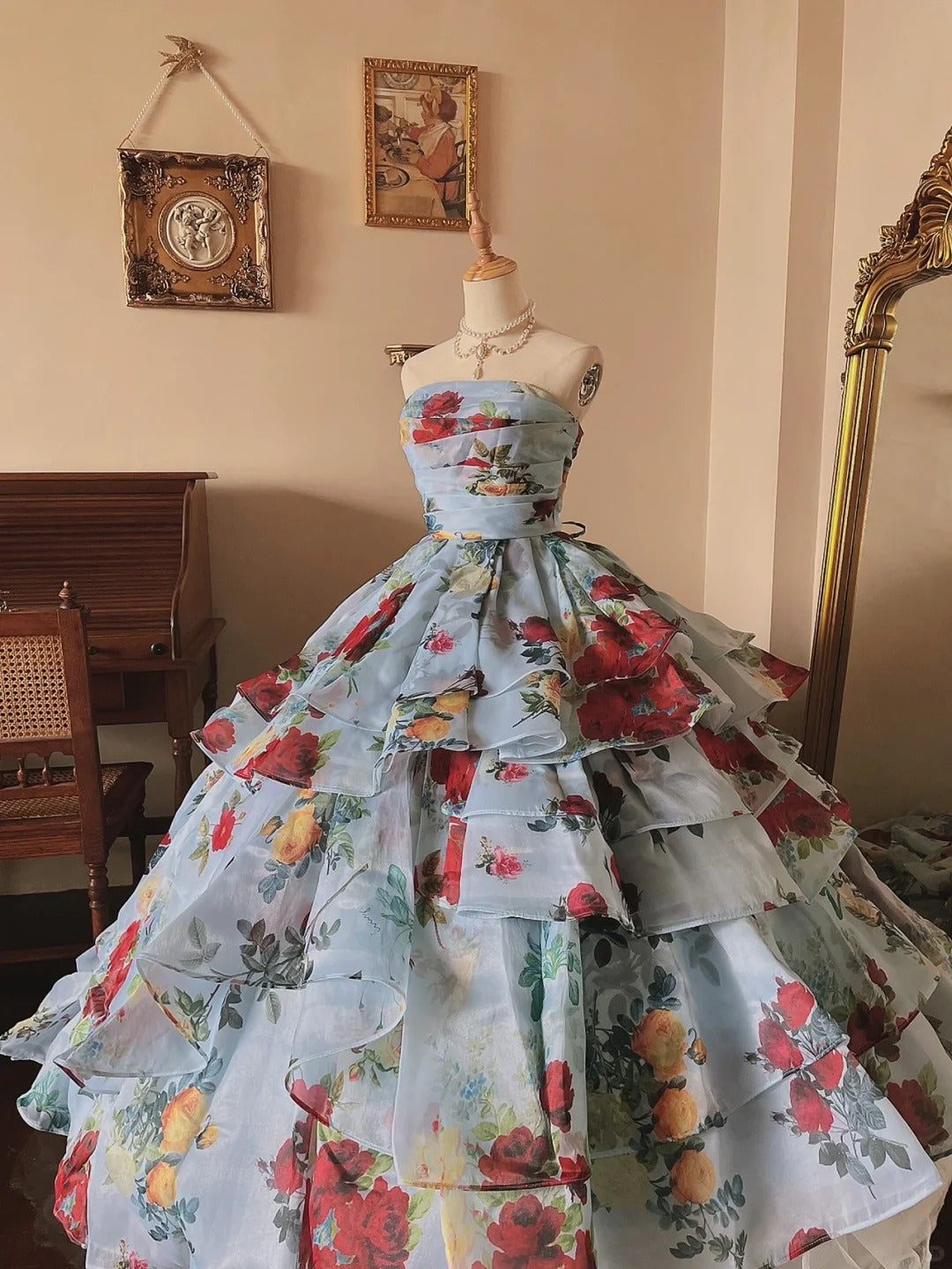 Glacier Blue Rose Print Lightweight Flowing Tulle Strapless Floor-Leng PreppyDress Glacier Blue Rose Print Lightweight Flowing Tulle Strapless Floor-Leng PreppyDress