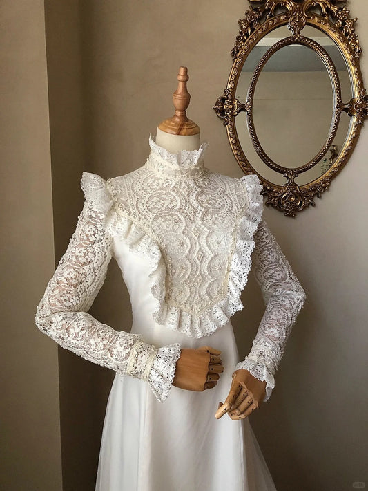 Retro high collar long sleeve lace patchwork gentle trailing wedding dress P3077