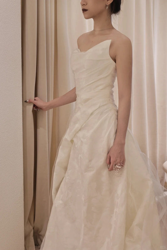 Chic asymmetric bust satin tulle wedding dress with slit skirt P3086