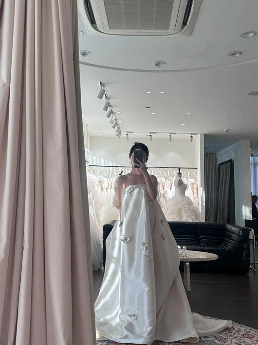Loose Fitted Strapless 3D Floral Satin Wedding Dress with Train P3087