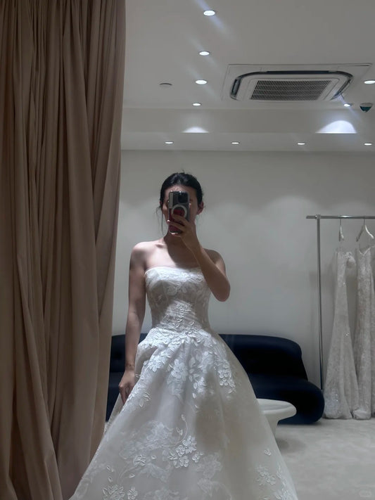 Gentle tube top lace pattern simple wedding dress P3095