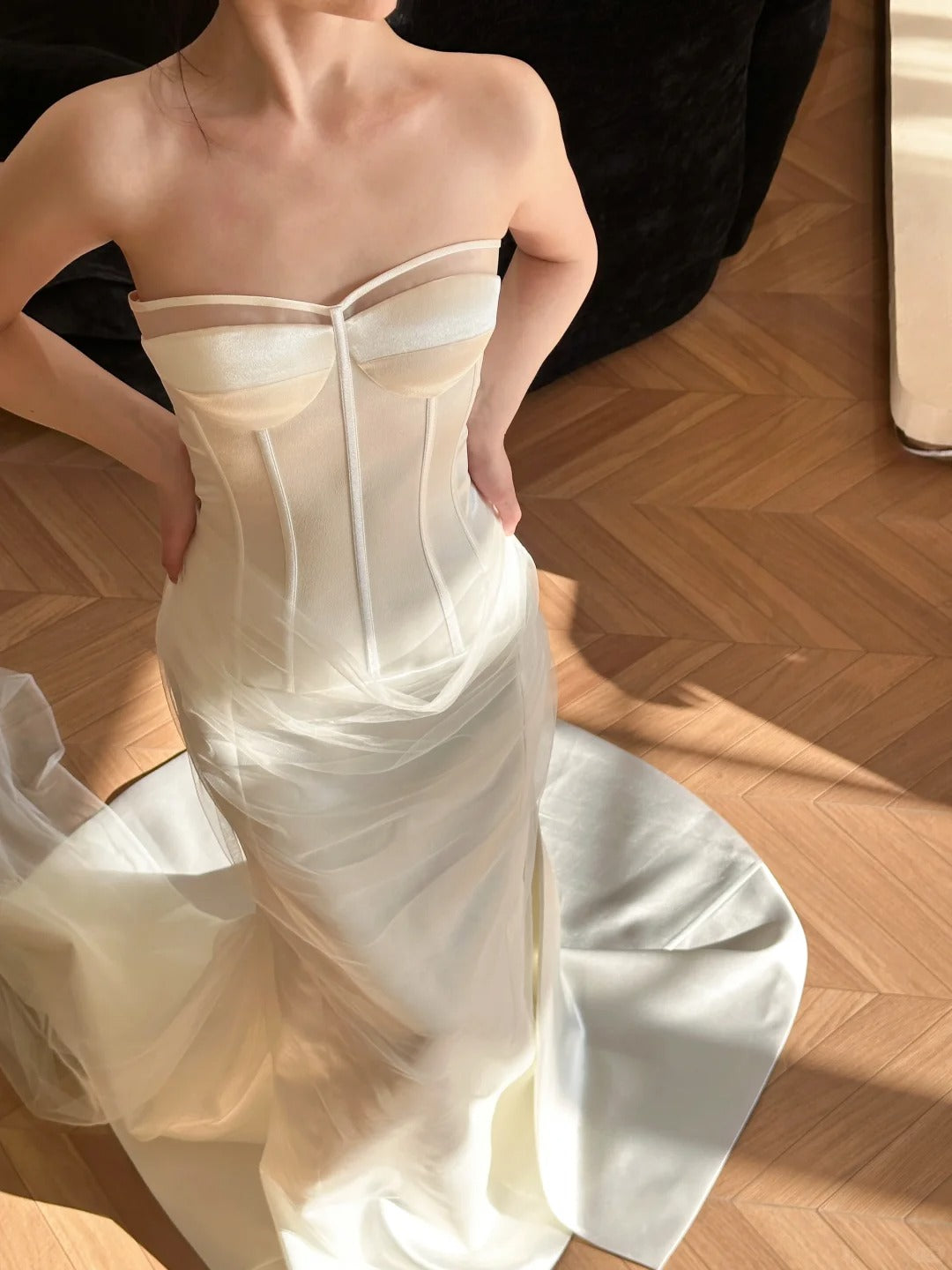 Flowy Strapless Herringbone Bodice Satin Train Wedding Dress P3101 PreppyDress Flowy Strapless Herringbone Bodice Satin Train Wedding Dress P3101 PreppyDress