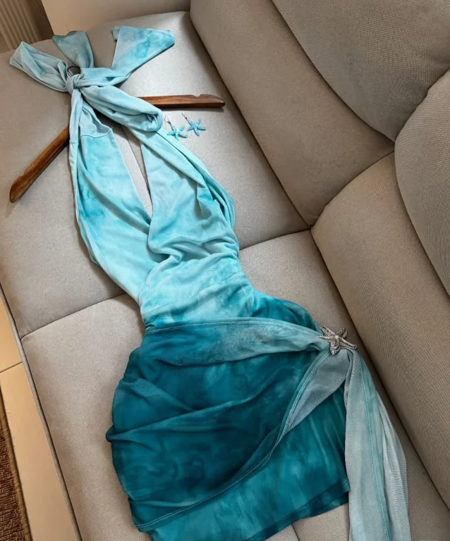 Gradient Blue Halter Neck Lace-Up Slim Starfish Homecoming Dress P3106 PreppyDress Gradient Blue Halter Neck Lace-Up Slim Starfish Homecoming Dress P3106 PreppyDress