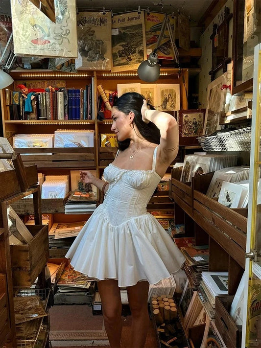 White Vintage Suspender Mini Birthday Party Homecoming Dress P3129