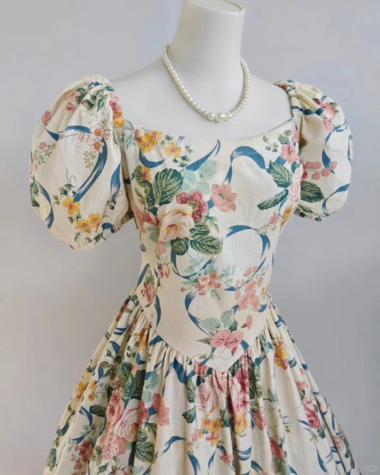 Vintage mid-century flower handle puff sleeve tea length homecoming dress P3138