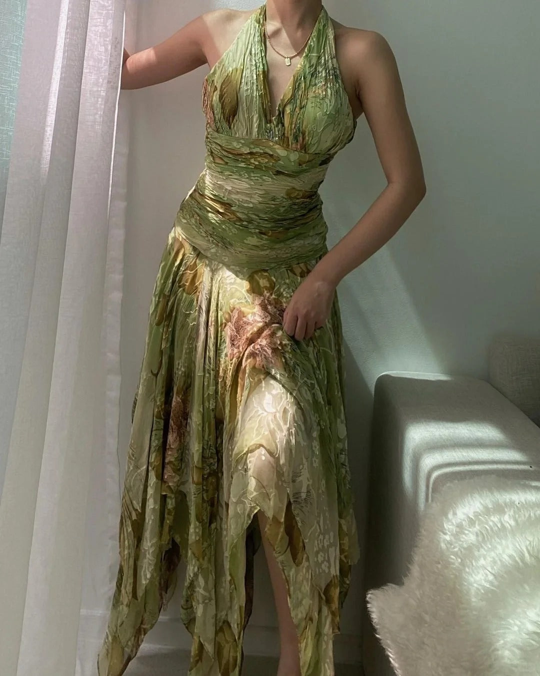 Vintage Green Printed Halter Neck Irregular Hem Homecoming Dress P3139