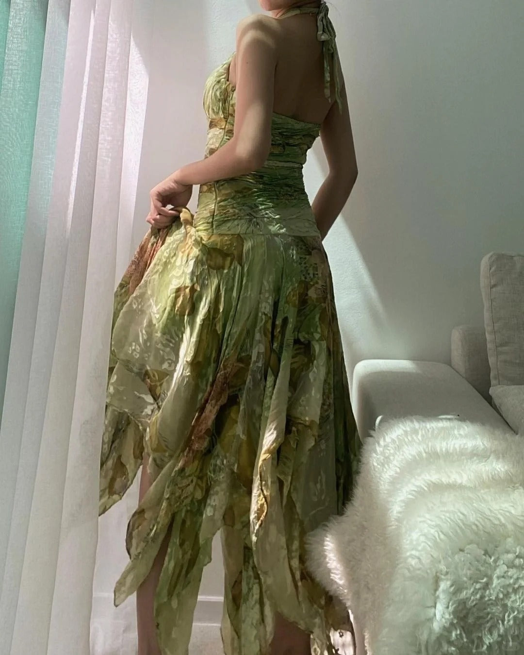 Vintage Green Printed Halter Neck Irregular Hem Homecoming Dress P3139