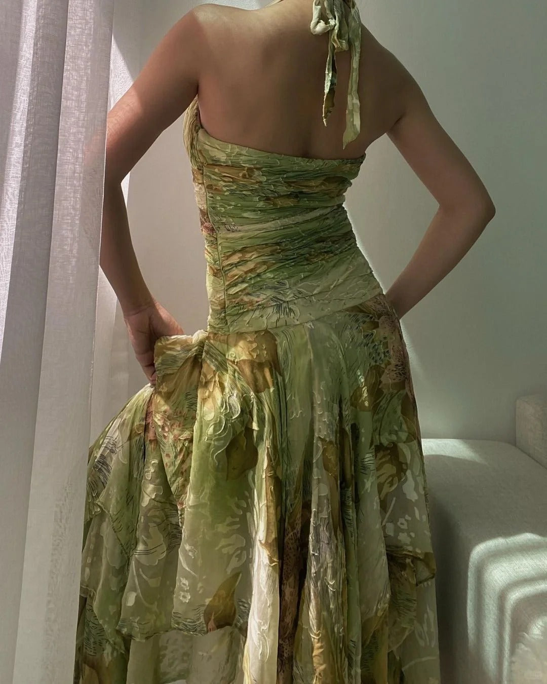 Vintage Green Printed Halter Neck Irregular Hem Homecoming Dress P3139