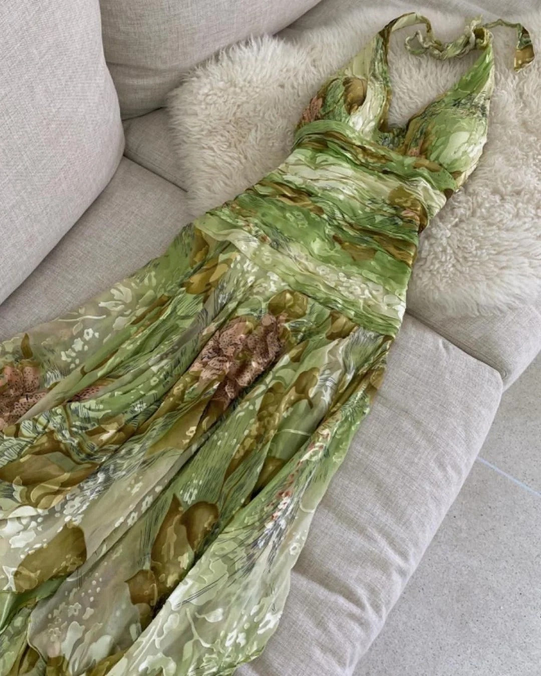 Vintage Green Printed Halter Neck Irregular Hem Homecoming Dress P3139