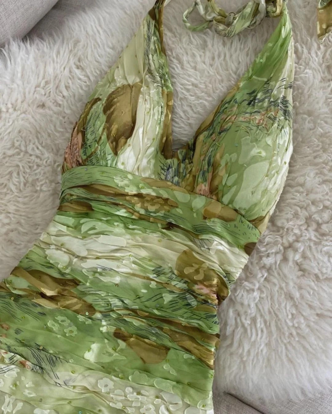 Vintage Green Printed Halter Neck Irregular Hem Homecoming Dress P3139
