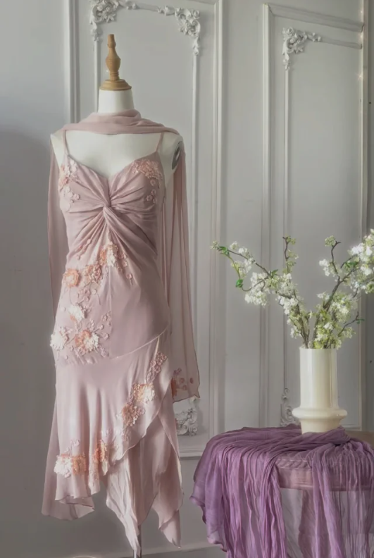 Gentle pink sling three-dimensional rose beaded chiffon irregular skirt homecoming dress P3147