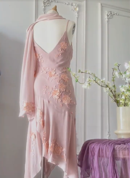 Gentle pink sling three-dimensional rose beaded chiffon irregular skirt homecoming dress P3147
