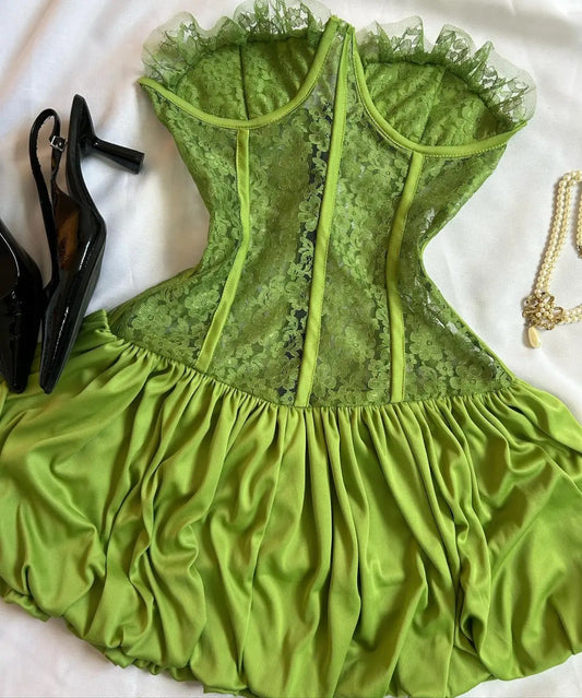 Chic Green Herringbone Lace Tube Top Bud Skirt Mini Homecoming Dress P3149