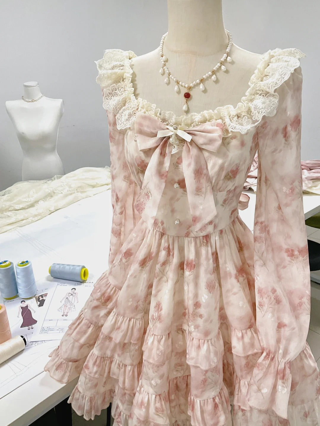 Girls Pink Square Neck Long Sleeve Printed Chiffon A-Line Homecoming Dress P3158